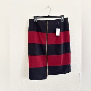 Nine West Pencil Skirt Size 8 Striped Asymmetrical Front Zip Black Burgundy